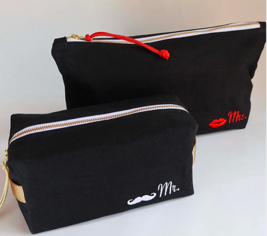 waxed canvas dopp kit, Mr & Mrs. embroidered set